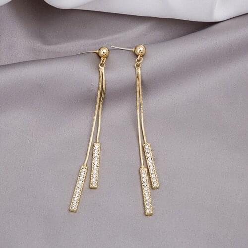 TIMEONLY Japan Shiny Rhinestone Long Tassel Earrings Gold Color Chain Hanging Drop Earrings for Women Statement Party Jewelry
