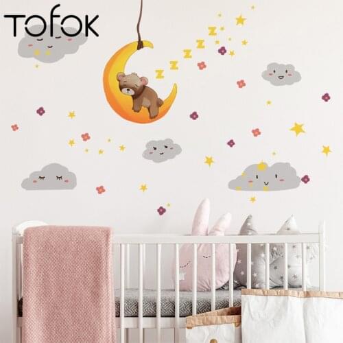 Tofok Cartoon Bear Sleeping on the Moon and Stars Wall Stickers for Kids Room Baby Room Decoration Wall Decals Room Interior