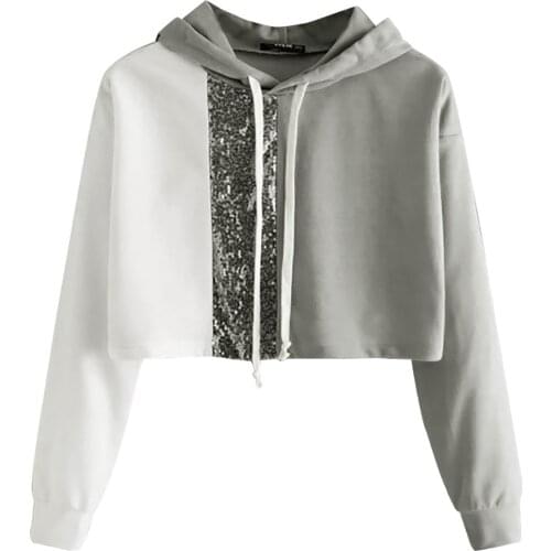 40@ Cropped Hoodies Fashion Women Loose Long Sleeve Solid Color Sequin Splice Sweatshirt Tops Pullovers Sudaderas Mujer 2020