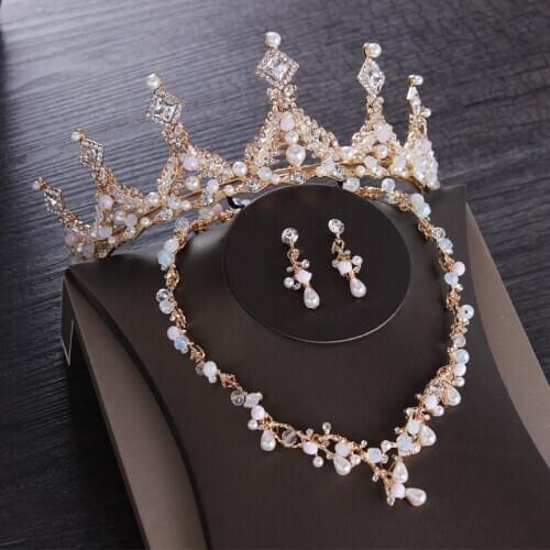 Vintage Baroque Gold Crystal Pearl Bridal Jewelry Sets Necklace Earring Rhinestone Tiara Crown Wedding African Beads Jewelry Set