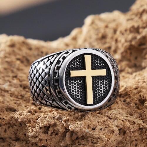Vintage Christian Gold/Steel Stainless Steel Cross Ring Punk Biker Pagan Jesus Ring Mens Jewelry Gift Size Wholesale 7-13