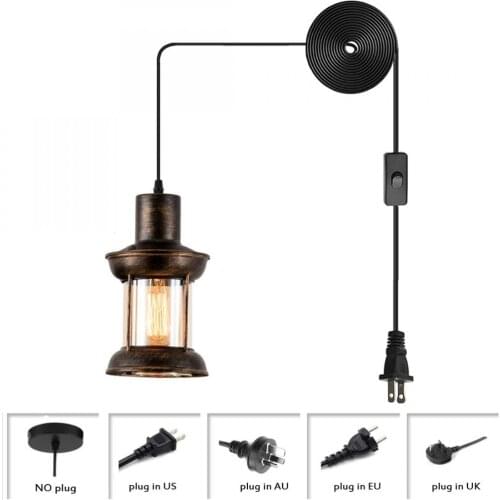Vintage Industrial Metal and Glass Pendant Light Fixtures, Classic Traditional Antique Brass Plug In Pendant Lamp Ceiling Light