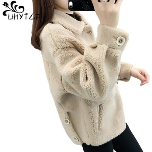 UHYTGF Quality Imitate Lambswool Winter Fur Coat Womens Single-Breasted Casual Warm Jacket Pure Color Wild Short Outerwear 1410