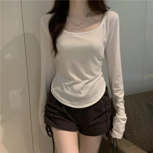 Chikichi Irregular Thin Short Long Sleeve T-shirt Women Spring and Autumn 2021 New Elastic Ladies Top Plus Fashion