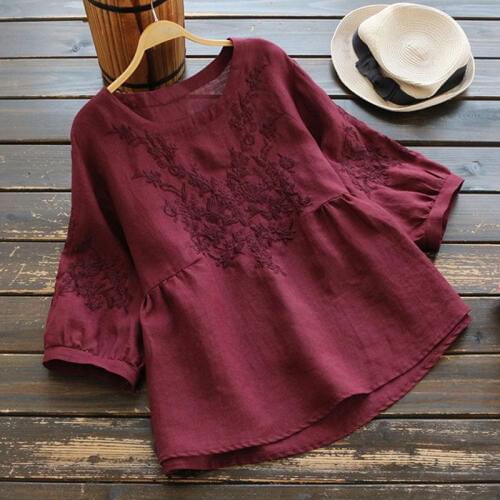 Blouse Women Plus size Tunic Cotton Embroidery Blouse Shirts Ladies Tops O neck Casual