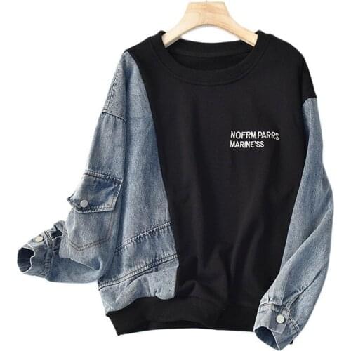 Patchwork Denim Fashion Embroidered Sweatshirt Women Long-sleeved O- Neck Harajuku Hoodie Casual Cotton Spring Autumn New Top