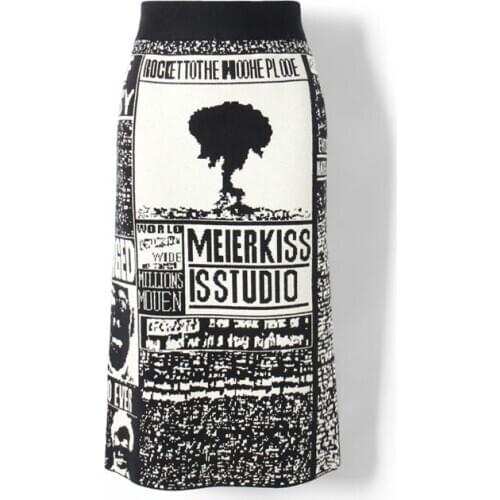 2020 Autumn High Waist Knitted Midi Chic Print Stretch Vintage Women Bodycon Winter Skirt Faldas Jupe Femme Saia