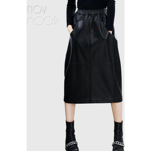 2018 winter autumn black genuine leather lambskin ruched elastic A-Line lantern skirt big pockets faldas mujer etek jupe LT2584