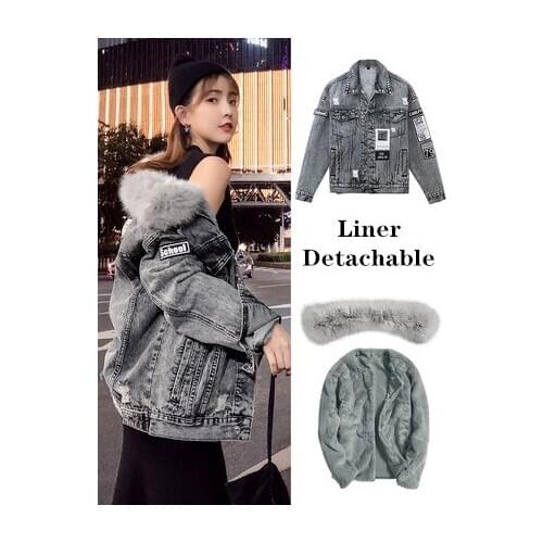 Women Winter Liner Detachab Black Epaulet Denim Coat Female Faux Fur Collar Jean Jacket Ladies Warm Fleece Parkas Windbreaker