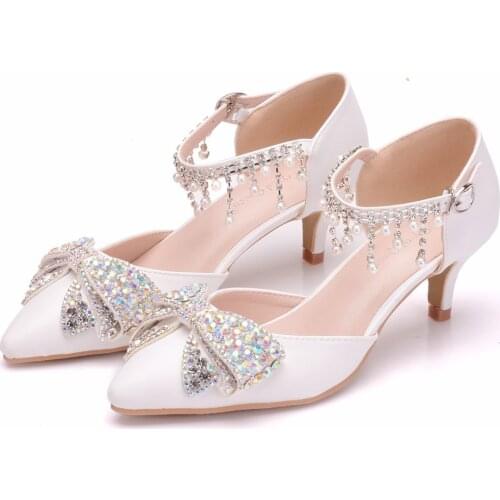 Crystal Queen Women Sandals Sexy White 5CM High Heels Shoes Bow Luxury Rhinestone Tassels Wedding Party Mary Jane Shoes