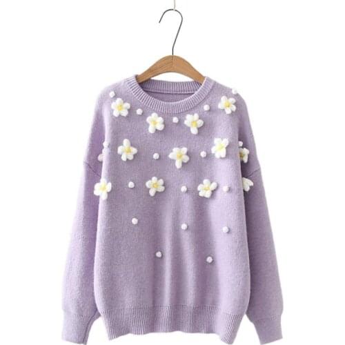 Purple Solid Minimalist Floral Appliques Knitted Casual Sweater Women 2020 Autumn Long Sleeve O-neck Korean Ladies Basic Top