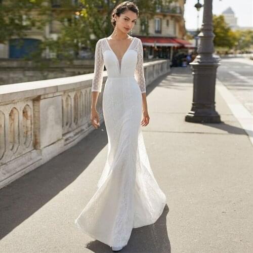Boho Mermaid Wedding Dress Lace 2021 V-Neck 3/4 Sleeve Button Back Sweep Train Princess Elegant Bride Gowns Custom Made 2020