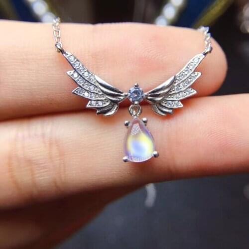 Natural blue moonstone gem Necklace Natural gemstone Pendant Necklace 925 sliver Elegant Lovely Angel Wings Girl gift Jewelry