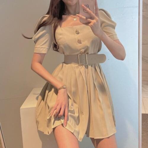 Sannian Women Dress Summer Square Collar Single Breasted Stitching Puff Sleeve Pleated Dress With Belt Women Clothes