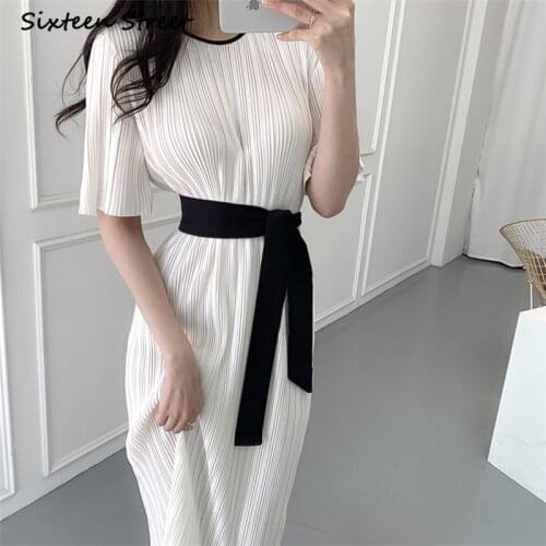 Dresses Women Korean Chic Elegant O Neck Pleated Design Loose Lace High Waist Vestido Harajuku Dress Female Y2k Aesthetic 2021