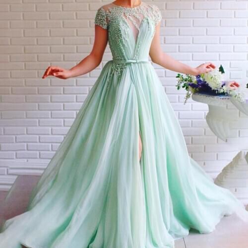 Short Sleeves with Beading Mint Green Sexy Evening Dress Front Slit Sexy Elegant Prom Dress occasion dresses for women