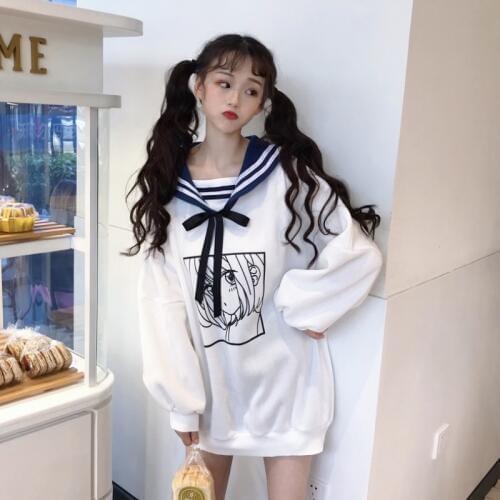 Winter Kawaii sweet girl Print Lolita Lace Up Women Fleeces Harajuku Casual Loose Lolita Style Long Sleeve Tracksuit Sweatshirt