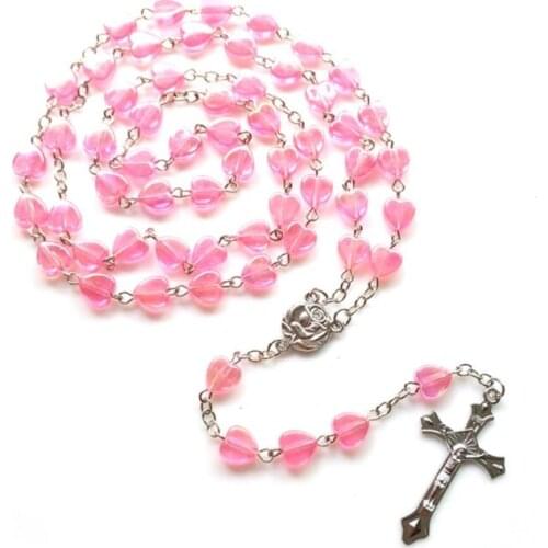 83XC Catholic Prayer Pink Beads High Quality Love Heart Christ Prayer Rosary Necklace