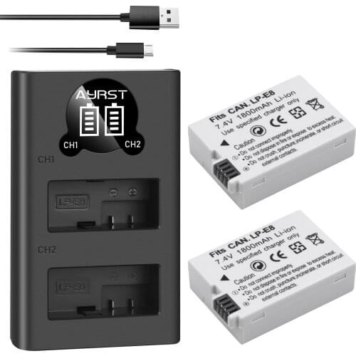 2Pcs 1800mah LP-E8 LPE8 LP E8 Battery Batterie + LED Dual Charger for Canon EOS 550D 600D 650D 700D X4 X5 X6i X7i T2i T3i