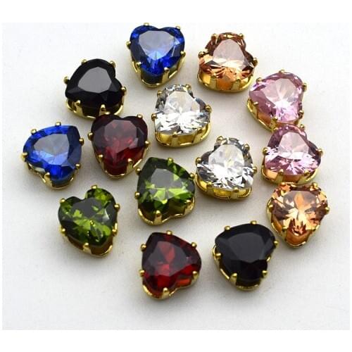 Top Sale 8MM Heart Shape Gold Claw Flatback Crystal Zircon Clothing Bag Shoes Rhinestones