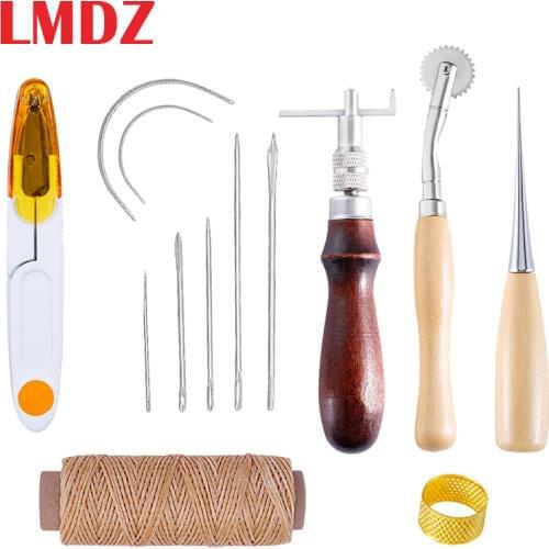 LMDZ 13Pcs/Set Leather Sewing Tools DIY Leather Craft Tools Hand Stitching Tool Kit with Groover Awl Waxed Thread Thimble Kit