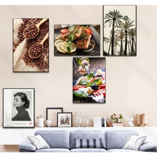 Modern Style Canvas Painting Print Poster Delicious Food Coffee Beans Pretty Woman Bamboo for Living Rooms Bedroom Wall Decorati