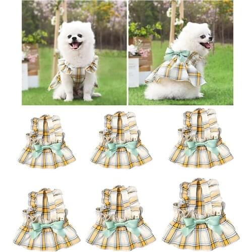 Summer Fashion Dogs Dresses With Plaid Bowknot Adjustable Breathable Kitten Puppy Chihuahua Clothes Small Dogs Dress Supplies