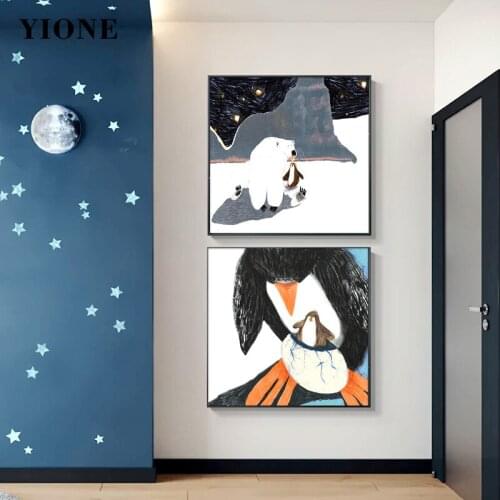 Cute Polar Bear and Penguin Canvas Paintings Cartoon Animal Wall Art Posters and Prints Childrens Room Pictures Home Decoration