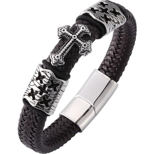 Fashion Cross Charm Brown Leather Bracelet Men Vintage Punk Wristband Cuff Bracelet Bangle Male Jewelry PD0125