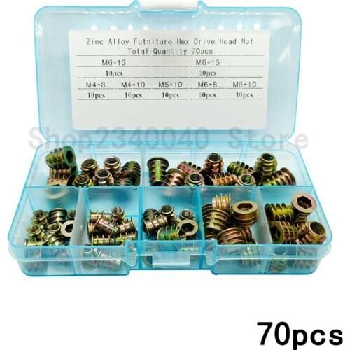 70Pcs/set M4 M5 M6 Zinc Alloy Furniture Nuts Thread for Wood Insert Nut Flange Hex Socket Head Assortment Kit Furniture Nuts
