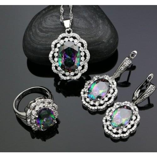 925 Silver Wedding Jewelry Sets For Women Mystic Rainbow Cubic zirconia White Crystal Drop Earrings/Rings/Pendant/Necklace Set