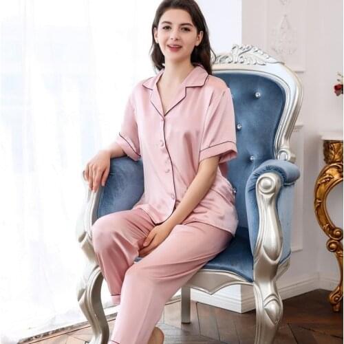 Pure Color Pajamas Women Summer Silk Mulberry Silk Crepe Satin Short-sleeved Trousers Suit Home Service Pajamas for Women