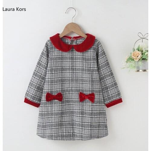 Winter 2021 Girls Dress Girls Cute Dress Long Sleeve Red Collar Gray Plaid Red Bow Cute Streetwear Dresses Vestidos 18M-6T