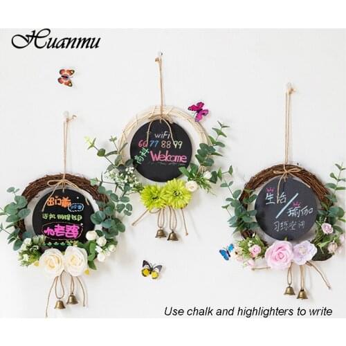 Rattan Circle Wreath Living Room Pendant Wall Hanging Decorations Kindergarten Store Restaurant Home Decor with Small Blackboard