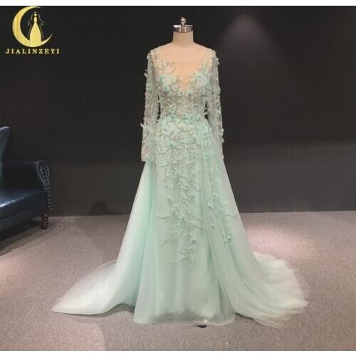 Rhine real Pictures light Green Long SLeeves Beads with gold beads arabic formal dress evening dresses long 2020