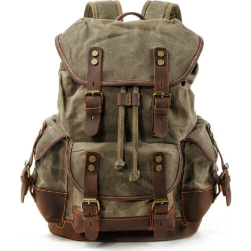Vintage Canvas Leather Backpacks for Men Laptop Daypacks Waterproof Canvas Rucksacks Large Waxed Mountaineering Travel Pack