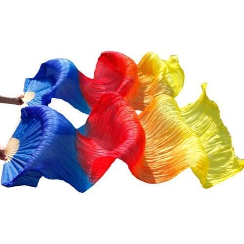 High Quality 100% Silk Handmade Dyed Belly Dance Fans Bamboo Ribs Long Silk Fans 1Pair Royal blue+Red+Orange+Yellow 180*90 cm