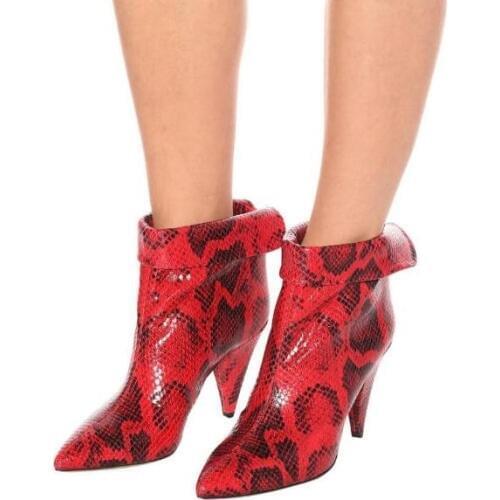 Leather Black Red Brown Python Fold Spike Heels Ankle Boots Pointed Toe Fashion Woman High Heel Short Boots Big Size Lady Shoes