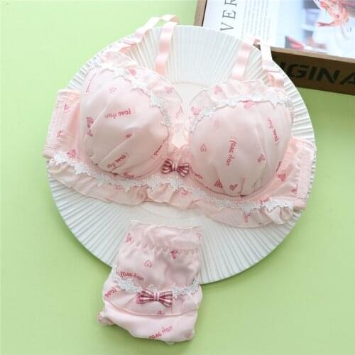 Sweet girly heart gather bra set with soft steel ring sexy lace underwear set pink print cute lingerie brief bow bralette set