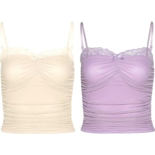Women Spaghetti Strap Lace Patchwork Crop Top Pleated Mesh Bow Slim Camis Vest F3MD