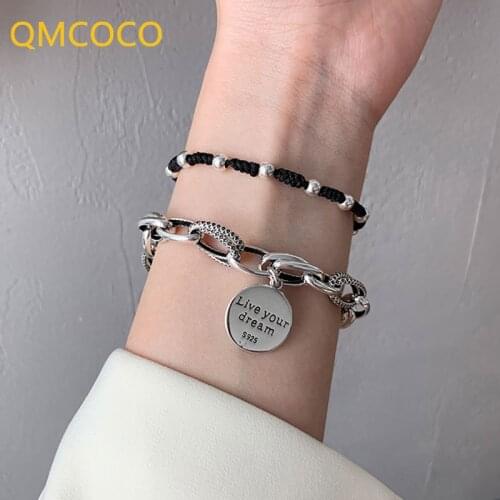 QMCOCO 925 Silver Thick Chain Charm Bracelet For Women Vintage English Letter Round Thai Silver Bride Jewelry Gift