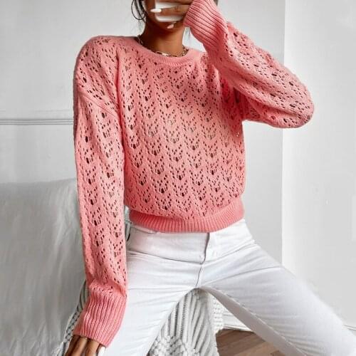 Women Knitted Solid Pullover Sweater Round Neck Long Casual Hollow Out See Throough Autumn Spring Sweaters Fall Tops Jumpers