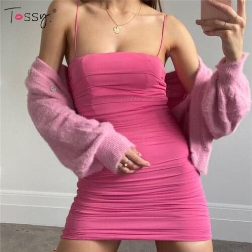 Tossy Spaghetti Strap Solid Ruched Bodycon Dress Summer New Fashion Sleeveless Mini Dress Sexy Backless Partywear 2021 Vestidos
