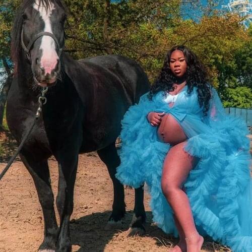 Sea Blue Ruffles See Thru Tulle Long Robe Women Puff Full Sleeves A-line Honeymoon Christmas Night Gowns Party Dresses