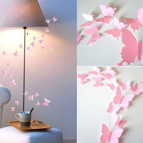 12pcs Diy Art Design Wall Sticker Decals Home Decor Pink Room Decorations Wonderful 3d Butterfly Wedding Photography