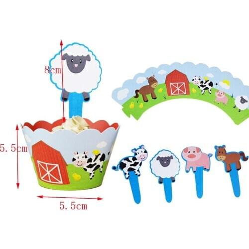 12pcs Farm Animals cake Toppers Cartoon Cow Sheep Pig Cupcake wrapper Kids Birthday Party Supplies Wedding Cups Cake Decoration