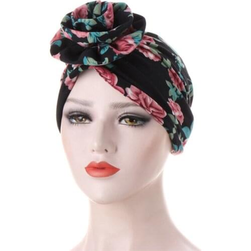 Big Flower Knot Sleep Hat Floral Print Bonnet Women Muslim Hijab Scarf Cotton Cross Headscarf Turban Hat Night Cap Head Cover