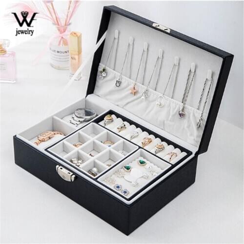 WE WE New Jewelry Storage Box Multifunction Leather Doublei-layer Makeup Box PU Box with 2 Table pillows Necklace Earring Holder