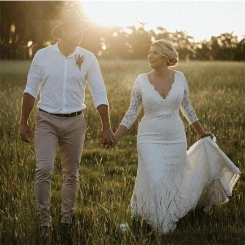 3/4 Long Sleeve V-Neck Sheath Sweep Train Lace Backless Wedding Dress vestido de noiva Bridal Dress Wedding Gowns