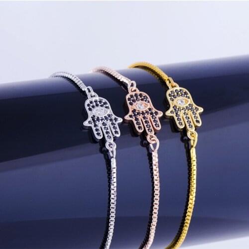 Copper Micro Pave Square Chain Bracelet Cute Black Zircon Crystal Palm Hamsa Charms Bracelet for Women Original Pulseras Mujer